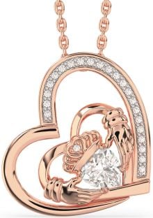 Diamond Rose Gold Silver Claddagh Heart Necklace