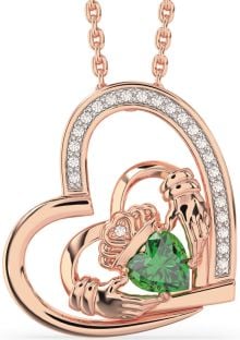 Diamond Emerald Rose Gold Silver Claddagh Heart Necklace