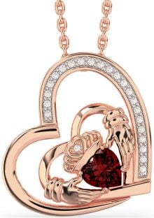 Diamond Garnet Rose Gold Silver Claddagh Heart Necklace