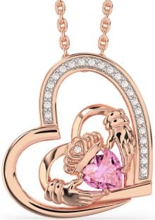 Diamond Pink Tourmaline Rose Gold Silver Claddagh Heart Necklace