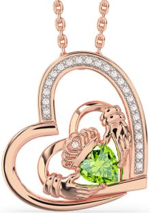 Diamond Peridot Rose Gold Silver Claddagh Heart Necklace