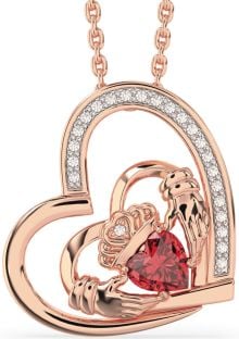 Diamond Ruby Rose Gold Silver Claddagh Heart Necklace