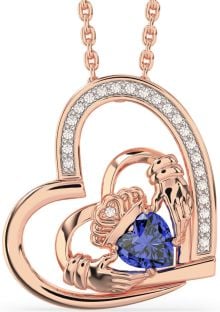 Diamond Sapphire Rose Gold Silver Claddagh Heart Necklace