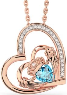 Diamond Topaz Rose Gold Silver Claddagh Heart Necklace