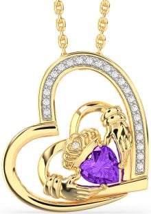 Diamond Amethyst Gold Silver Claddagh Heart Necklace