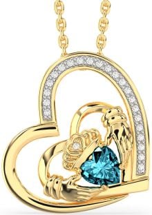 Diamond Aquamarine Gold Silver Claddagh Heart Necklace