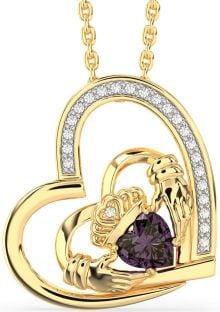 Diamond Alexandrite Gold Silver Claddagh Heart Necklace