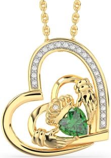 Diamond Emerald Gold Silver Claddagh Heart Necklace