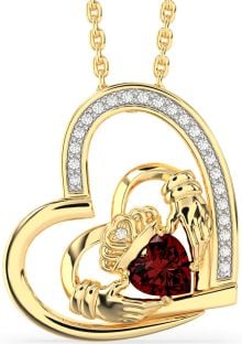 Diamond Garnet Gold Silver Claddagh Heart Necklace