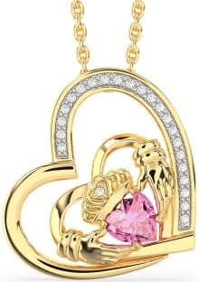 Diamond Pink Tourmaline Gold Silver Claddagh Heart Necklace