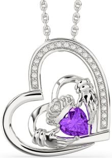 Diamond Amethyst Silver Claddagh Heart Necklace