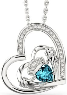 Diamond Aquamarine Silver Claddagh Heart Necklace