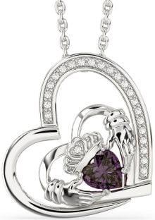 Diamond Alexandrite Silver Claddagh Heart Necklace