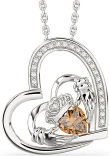 Diamond Citrine Silver Claddagh Heart Necklace