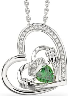 Diamond Emerald Silver Claddagh Heart Necklace