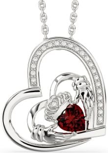 Diamond Garnet Silver Claddagh Heart Necklace