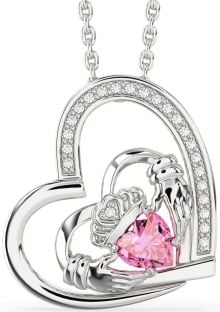 Diamond Pink Tourmaline Silver Claddagh Heart Necklace