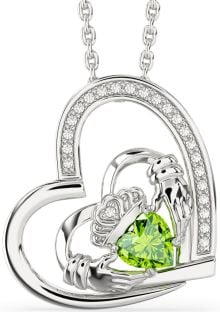 Diamond Peridot Silver Claddagh Heart Necklace