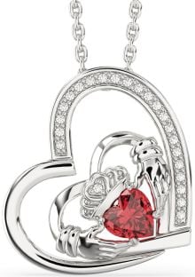 Diamond Ruby Silver Claddagh Heart Necklace