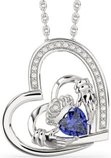 Diamond Sapphire Silver Claddagh Heart Necklace