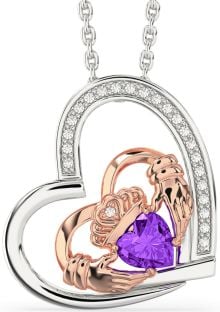 Diamond Amethyst Rose Gold Silver Claddagh Heart Necklace