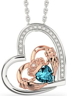 Diamond Aquamarine Rose Gold Silver Claddagh Heart Necklace