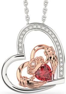 Diamond Ruby Rose Gold Silver Claddagh Heart Necklace