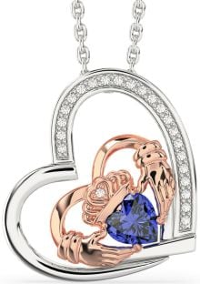 Diamond Sapphire Rose Gold Silver Claddagh Heart Necklace