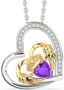 Diamond Amethyst Gold Silver Claddagh Heart Necklace