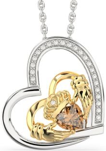 Diamond Citrine Gold Silver Claddagh Heart Necklace