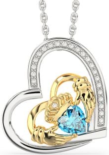 Diamond Topaz Gold Silver Claddagh Heart Necklace