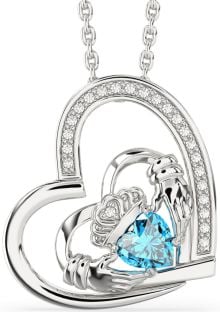 Diamond Topaz White Gold Claddagh Heart Necklace