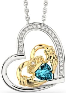 Diamond Aquamarine White Yellow Gold Claddagh Heart Necklace