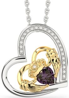 Diamond Alexandrite White Yellow Gold Claddagh Heart Necklace