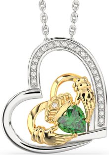 Diamond Emerald White Yellow Gold Claddagh Heart Necklace