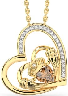 Diamond Citrine Gold Claddagh Heart Necklace