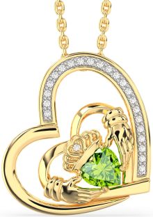 Diamond Peridot Gold Claddagh Heart Necklace