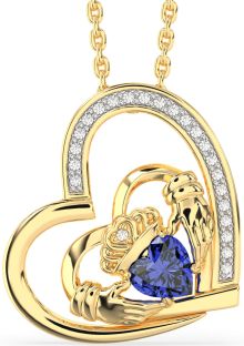 Diamond Sapphire Gold Claddagh Heart Necklace