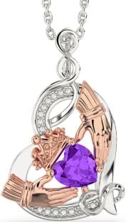 Diamond Amethyst Rose Gold Silver Claddagh Infinity Heart Necklace