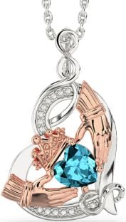 Diamond Aquamarine Rose Gold Silver Claddagh Infinity Heart Necklace