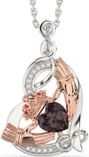 Diamond Alexandrite Rose Gold Silver Claddagh Infinity Heart Necklace