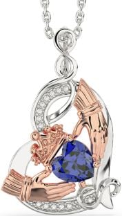 Diamond Sapphire Rose Gold Silver Claddagh Infinity Heart Necklace