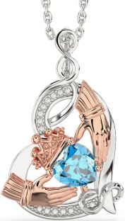 Diamond Topaz Rose Gold Silver Claddagh Infinity Heart Necklace