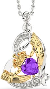 Diamond Amethyst Gold Silver Claddagh Infinity Heart Necklace