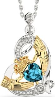 Diamond Aquamarine Gold Silver Claddagh Infinity Heart Necklace