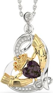 Diamond Alexandrite Gold Silver Claddagh Infinity Heart Necklace