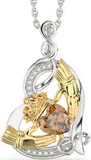 Diamond Citrine Gold Silver Claddagh Infinity Heart Necklace