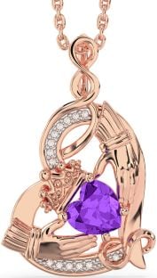 Diamond Amethyst Rose Gold Silver Claddagh Infinity Heart Necklace