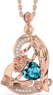 Diamond Aquamarine Rose Gold Silver Claddagh Infinity Heart Necklace