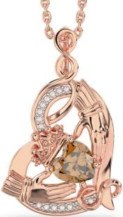 Diamond Citrine Rose Gold Silver Claddagh Infinity Heart Necklace